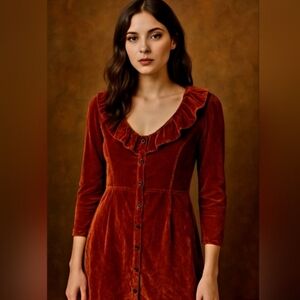 Vintage Y2K CMC Rust Velvet Button Front Dress Made in USA